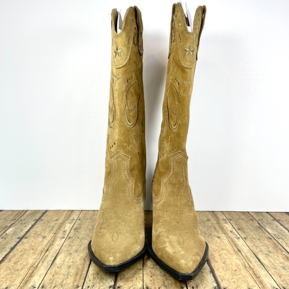 Zara Embroidered Taupe/Tan Suede 15.5” Pull-On Boots, Size 7.5 - Picture 3 of 15